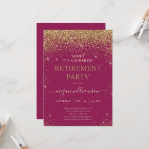 Elegante Himbeer-Gold-Glitter-Ruhestandsfeier Einladung