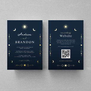 Elegante himmlische Goldmond- und Sonnen-QR-Code-H Folieneinladung