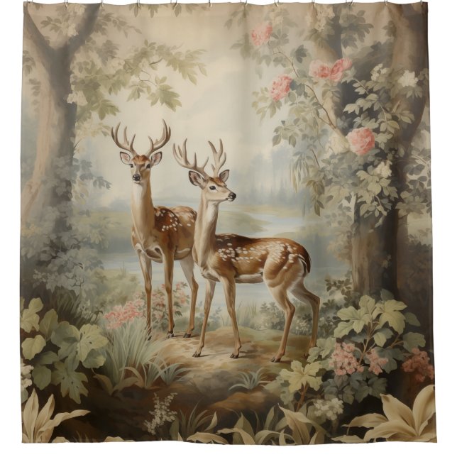 Elegante Hirsche Alte Wälder Duschvorhang (Vorderseite)