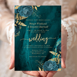 Elegante Hochzeit Aquamarin Blue Gold Floral Einladung