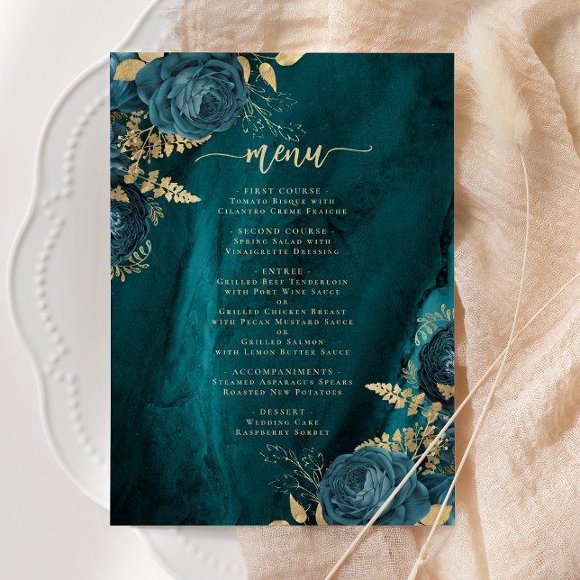 Elegante Hochzeit Aquamarin Blue Gold Floral Menükarte (Von Creator hochgeladen)