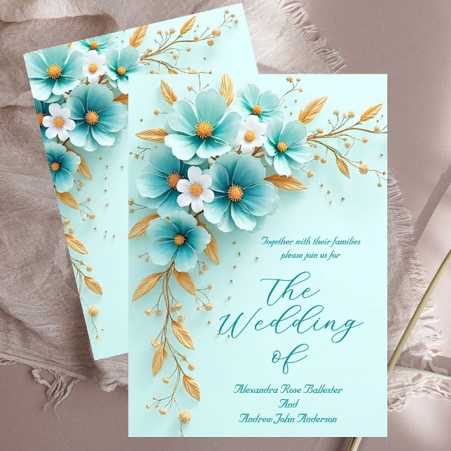 Elegante Hochzeit Aquamarin Blue White Gold Blume Einladung (Von Creator hochgeladen)