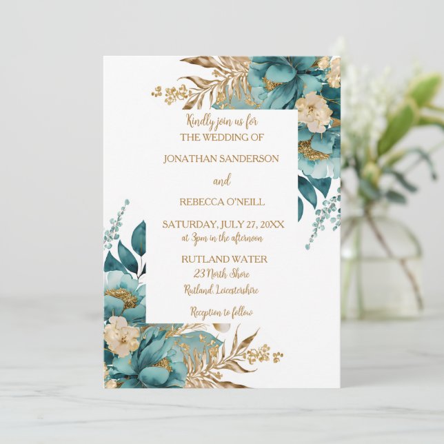 Elegante Hochzeit Aquamarin & Gold Einladung (Stehend Vorderseite)