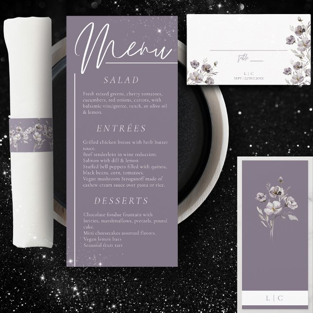 Elegante Hochzeit Aquarell Blume lila Abendessen Menükarte (Von Creator hochgeladen)