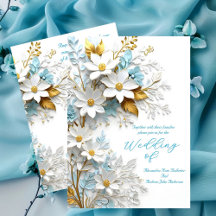 Elegante Hochzeit Blau Weiße Spitze Gold Blumen