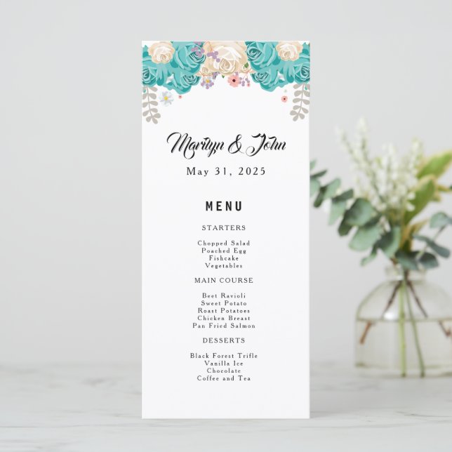 Elegante Hochzeit Blautönen Weiße Blume Menükarte (Stehend Vorderseite)