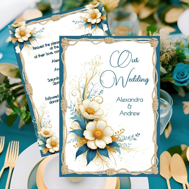 Elegante Hochzeit Blütenblauer Zyan Weiße Blume Einladung (Von Creator hochgeladen)