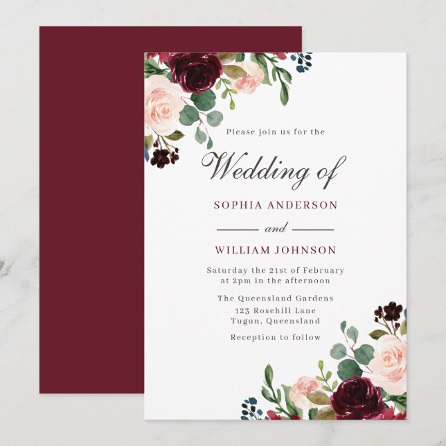 Elegante Hochzeit: Burgund Rote Blume Einladung (Vorne/Hinten)