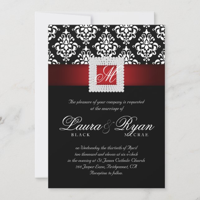 Elegante Hochzeit Damask Juwelen Rot Schwarz-weiß Einladung (Vorderseite)