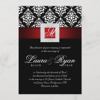 Elegante Hochzeit Damask Juwelen Rot Schwarz-weiß Einladung