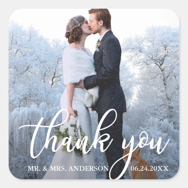 Elegante Hochzeit Danke, Bride Groom Foto Quadratischer Aufkleber (Vorderseite)