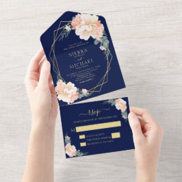 Elegante Hochzeit der Blauen Blüte Gold Peach Flor All In One Einladung