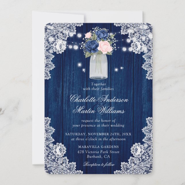 Elegante Hochzeit der Blauen Blüte Rustikale Flora Einladung (Vorderseite)