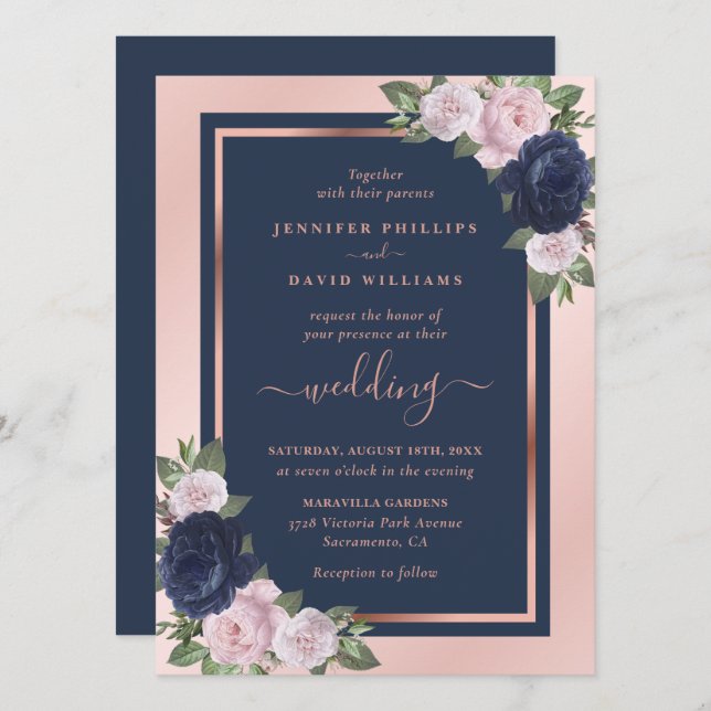 Elegante Hochzeit der Blütenblume Rose Gold Floral Einladung (Vorne/Hinten)