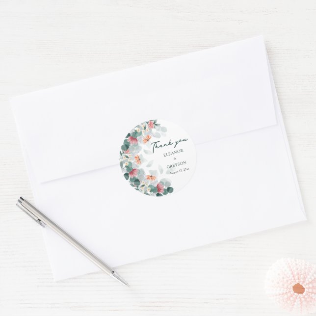 Elegante Hochzeit der Eukalypten-Wildblume Runder Aufkleber (Umschlag)