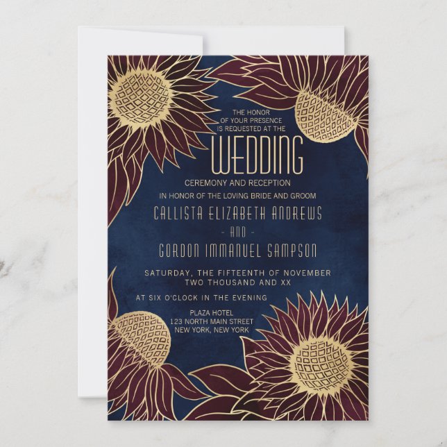 Elegante Hochzeit der Marine Burgundy Sonnenblumen Einladung (Vorderseite)