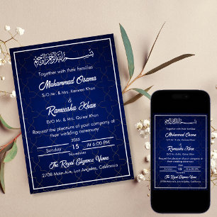 Elegante Hochzeit der Marine in Blau und Weiß Einladung