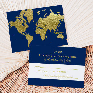 Elegante Hochzeit der Marine und Gold Weltkarte RSVP Karte