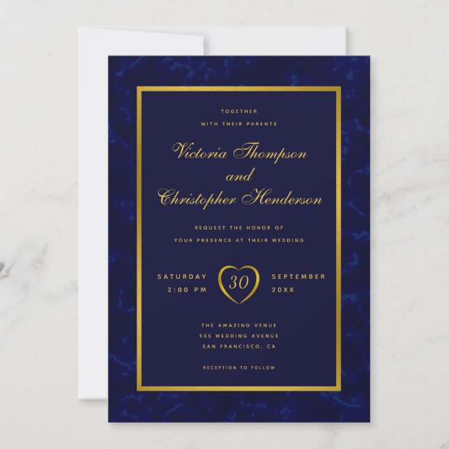 Elegante Hochzeit der modernen Marine mit Blue und Einladung (Vorderseite)