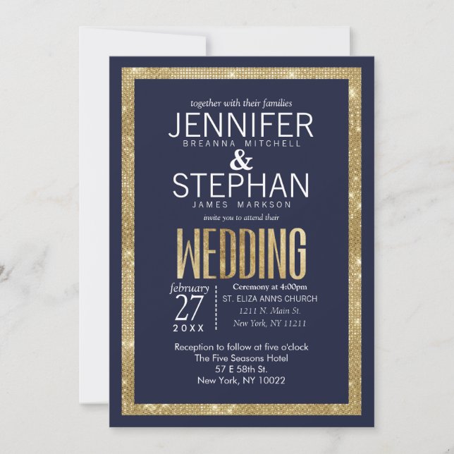 Elegante Hochzeit der modernen Navy Blue-Gold-Sequ Einladung (Vorderseite)