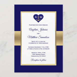 Elegante Hochzeit der Navy Blue Gold Herz Einladung