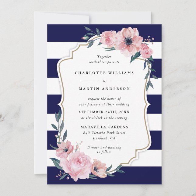 Elegante Hochzeit der Navy Blush Pink Floral Einladung (Vorderseite)