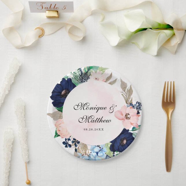 Elegante Hochzeit der Navy und Rosa Florals Pappteller (Hochzeit)
