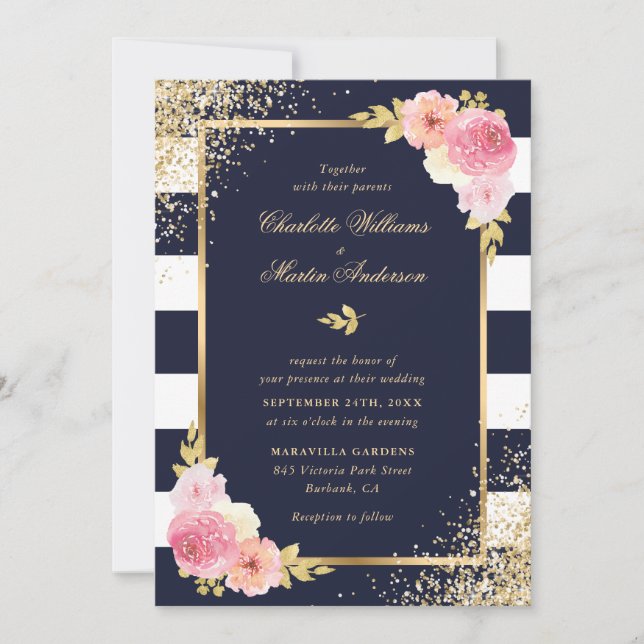 Elegante Hochzeit der Navy White Gold Blush Pink F Einladung (Vorderseite)