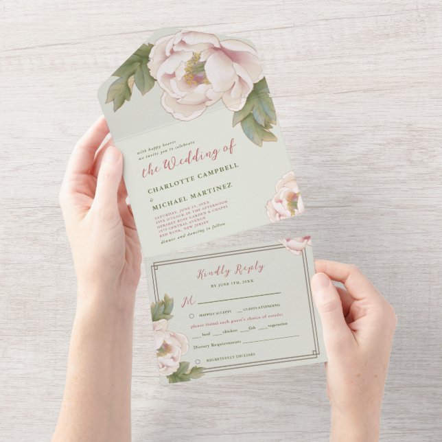 Elegante Hochzeit der Peony Rose All In One Einladung (Abreißen)
