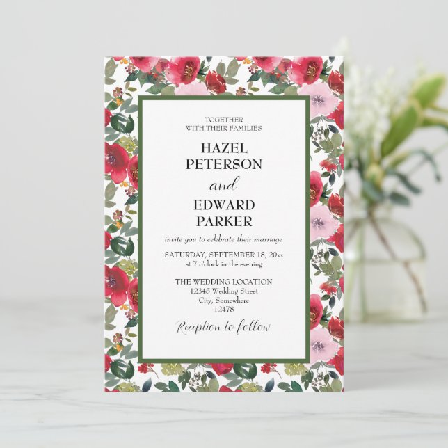 Elegante Hochzeit der Roten Rose Einladung (Stehend Vorderseite)