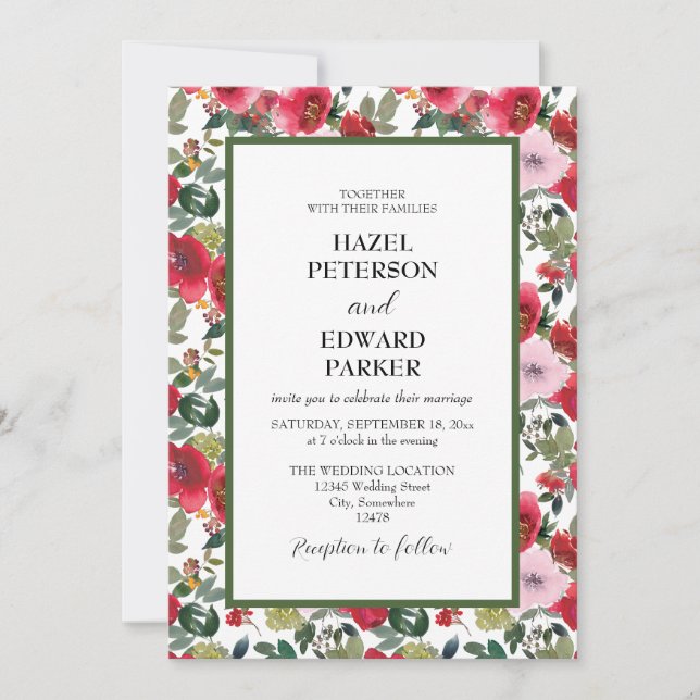 Elegante Hochzeit der Roten Rose Einladung (Vorderseite)