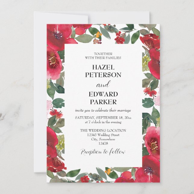 Elegante Hochzeit der Roten Rose Einladung (Vorderseite)