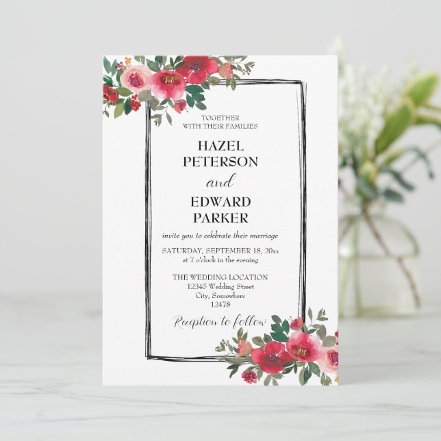 Elegante Hochzeit der Roten Rose Einladung (Stehend Vorderseite)