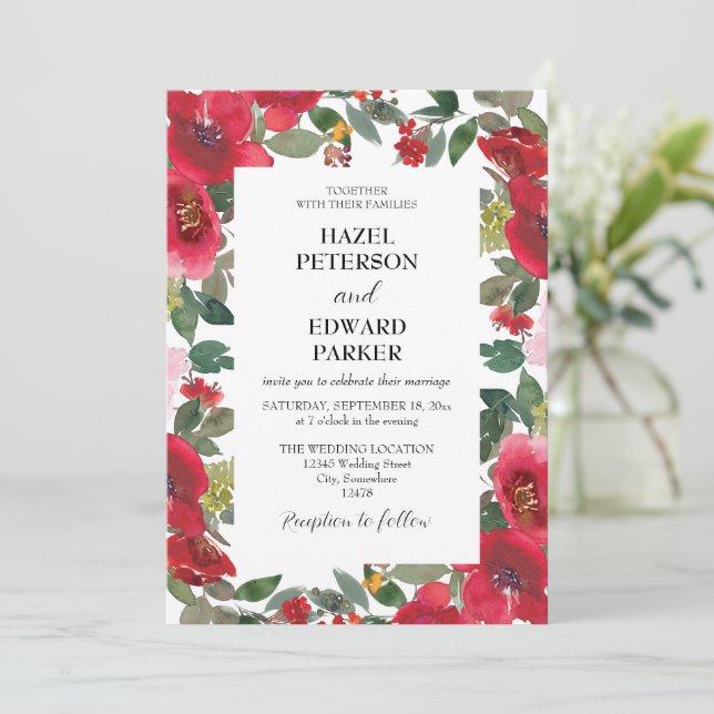 Elegante Hochzeit der Roten Rose Einladung (Stehend Vorderseite)