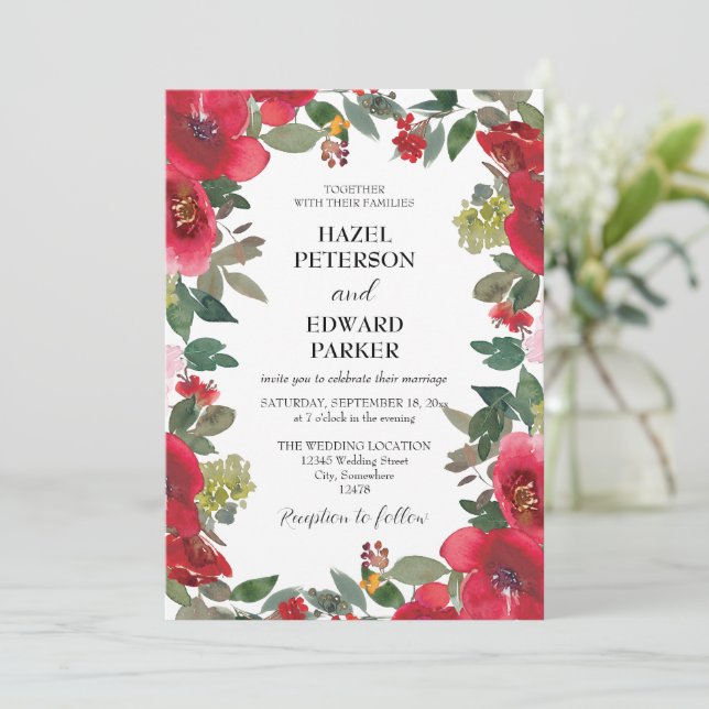 Elegante Hochzeit der Roten Rose Einladung (Stehend Vorderseite)