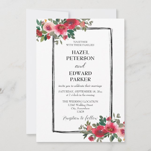 Elegante Hochzeit der Roten Rose Einladung (Vorderseite)