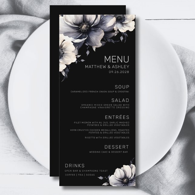 Elegante Hochzeit der Schwarzen Flora Menükarte (Simple Elegant Modern Floral Black White Wedding Menu)