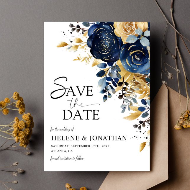 Elegante Hochzeit der Seen Blue Terracotta Gold Fl Save The Date (Elegant Navy Blue Terracotta Gold Floral Wedding Save The Date)