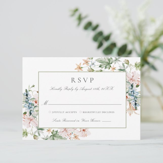 Elegante Hochzeit der Wasserfarben an der Grenze RSVP Karte (Stehend Vorderseite)