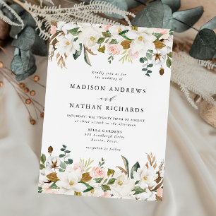 Elegante Hochzeit der Weißen Magnolien und Blush Einladung