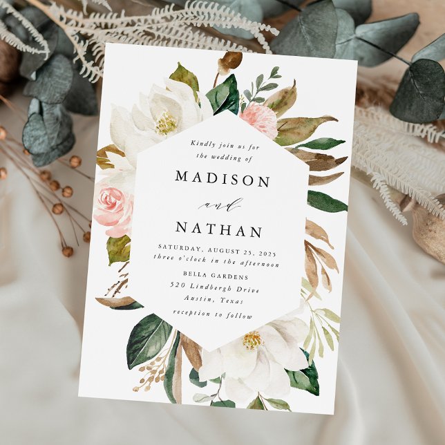 Elegante Hochzeit der Weißen Magnolien und Blush Einladung (Von Creator hochgeladen)