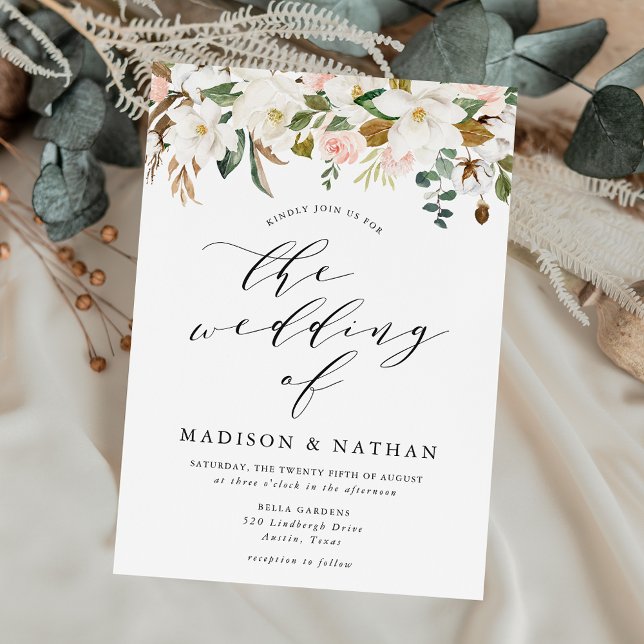 Elegante Hochzeit der Weißen Magnolien und Blush Einladung (Von Creator hochgeladen)