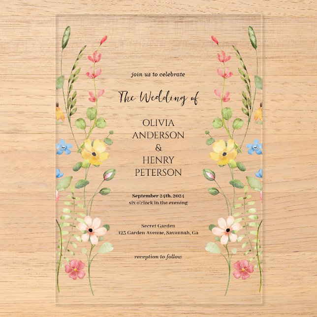 Elegante Hochzeit der Wildblume Garden Acryleinladungen (Vorderseite)
