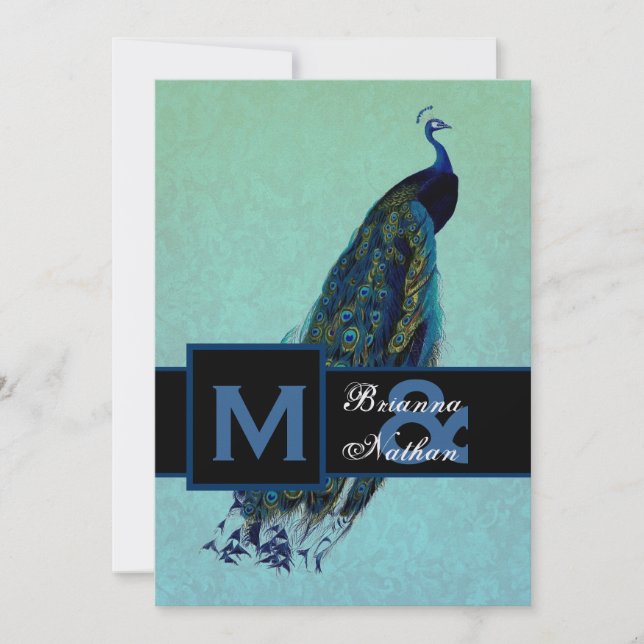 Elegante Hochzeit des Blauen Pfauens Einladung (Vorderseite)