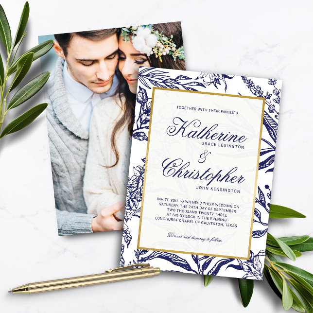 Elegante Hochzeit des Blue Gold Botanical Foto Einladung (Elegant Navy Blue Gold Botanical Photo Wedding Invitations)