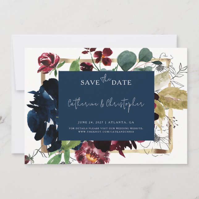 Elegante Hochzeit des Burgundy Navy Blue Floral Ga Save The Date (Vorderseite)