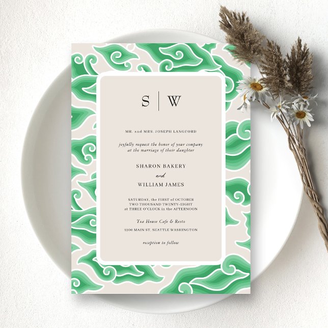 Elegante Hochzeit des Green Ocean Waves Monogram Einladung (Personalized Timeless Elegance Classical Green Wedding Invitation)
