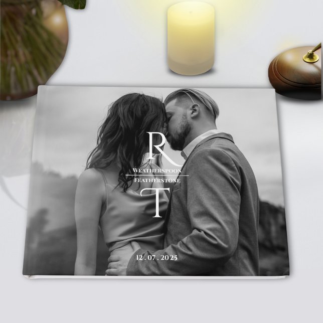 Elegante Hochzeit des Schwarz-weißen Fotos Monogra Gästebuch (Von Creator hochgeladen)