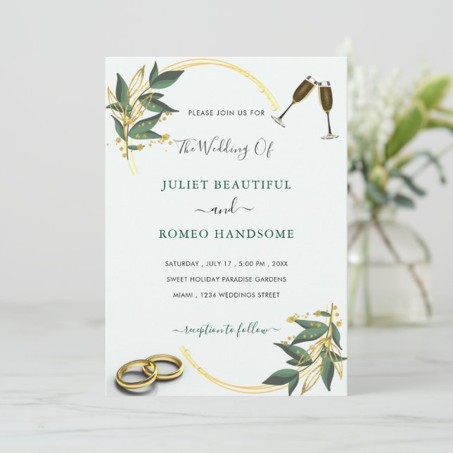 Elegante Hochzeit Einladung Gold Blätter Rings Toa (Stehend Vorderseite)