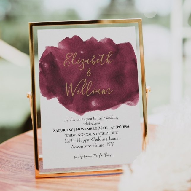 Elegante Hochzeit im Burgund und im Gold Watercolo Einladung (Von Creator hochgeladen)